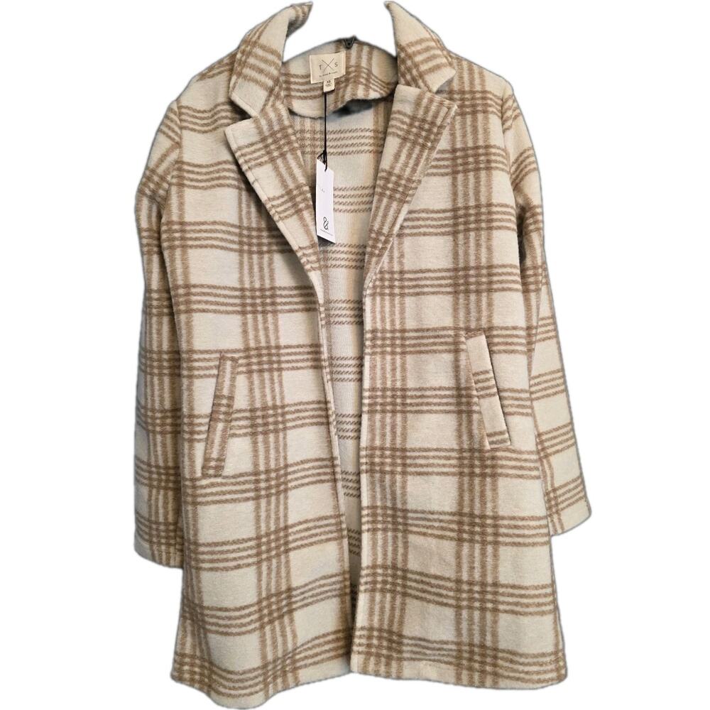 NWT XS‎ Women's Plaid Open Front Brown Coatigan Thread & Supply MSRP $69